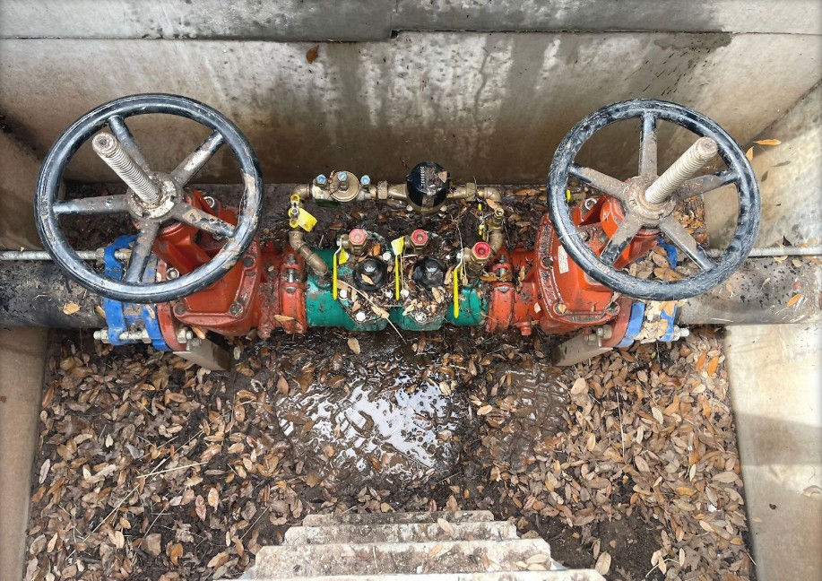 Rebuilt backflow assembly internals showing component-level work
