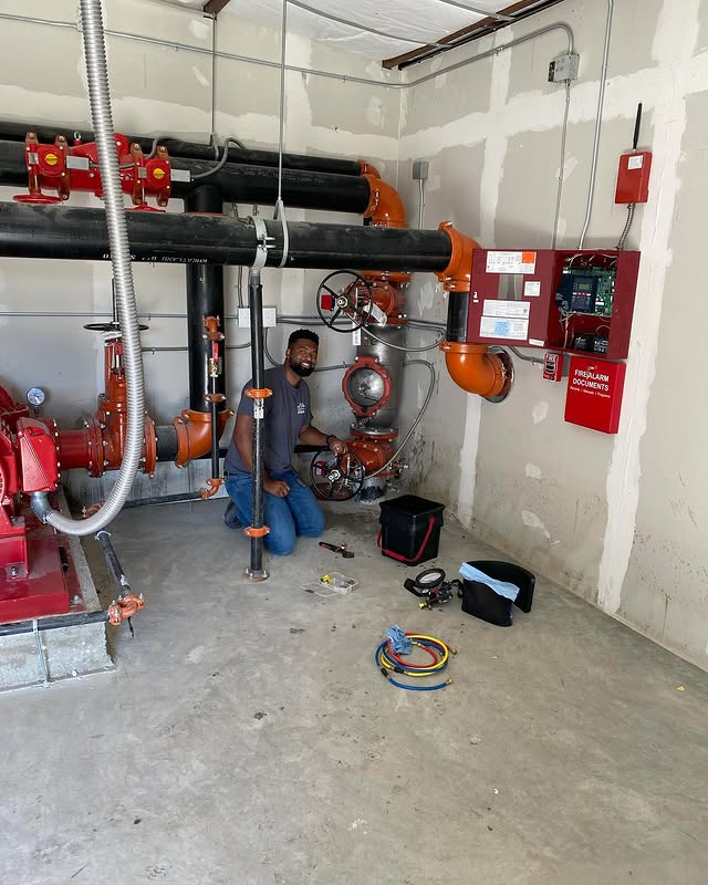 Commercial mechanical room with fire system risers